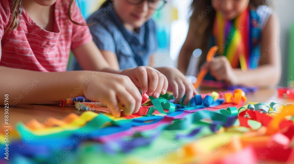 Three children are sitting at a table, working on a craft project Three children are sitting at a table, working on a craft project