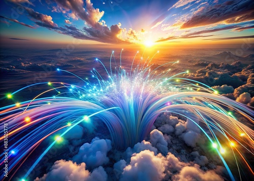 Vibrant 3D visualization of massive data transfer through fiber optic cables, surrounded by swirling clouds, highlighting futuristic digital technology and rapid data exchange on the internet.