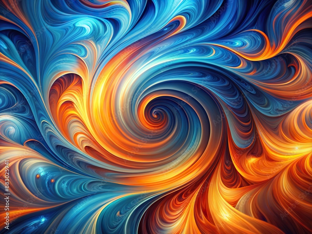 Vibrant swirls of blue and orange hues blend in a mesmerizing dance, creating a stunning modern abstract background perfect for digital projects and wallpapers.