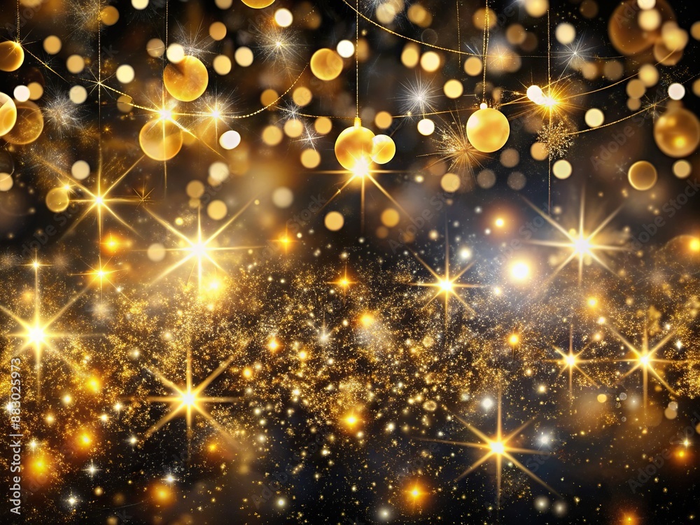 Obraz premium Luxurious black and gold holiday wallpaper features blurred golden sparkles and shimmering Christmas lights, creating a sophisticated and festive atmosphere for wedding celebrations.