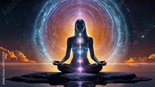 Woman Meditating with Visible Chakras
