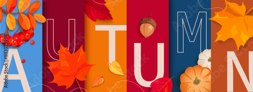 Autumn horizontal banner with fall symbols-pumpkin, acorn, maple and oak leaves. Design autumn background. Template for print.Flyer,poster for social media,web,ads,promo,offer.Vector illustration.