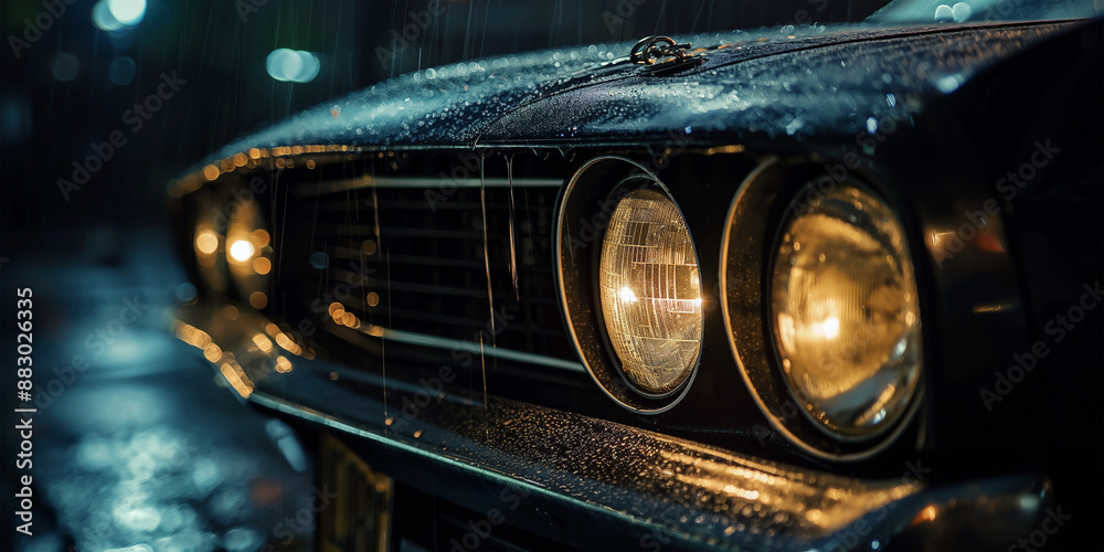 Illuminated headlights of classic american muscle car on street in rain at night.