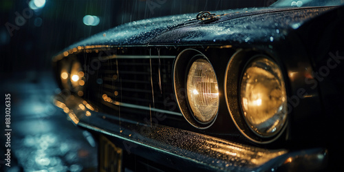 Obraz na płótnie Illuminated headlights of classic american muscle car on street in rain at night. w salonie