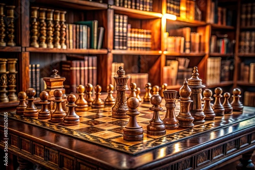 Wallpaper Mural Richly textured wooden chessboard with intricately carved pieces on a warm, dark background, surrounded by blurred, dimly lit bookshelves and subtle, eerie shadows. Torontodigital.ca