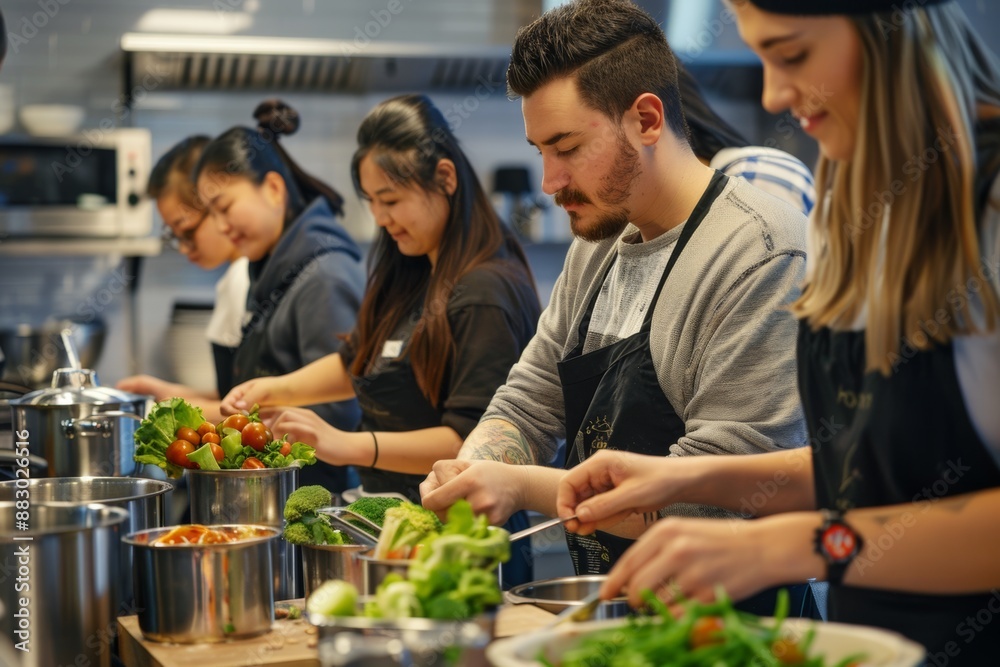 Team building activity with coworkers participating in a healthy cooking class, promoting nutrition and teamwork. Team building activity with coworkers participating in a healthy cooking class, promoting nutrition and teamwork.