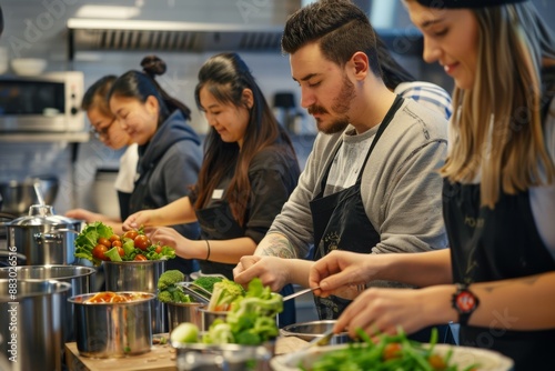 Team building activity with coworkers participating in a healthy cooking class, promoting nutrition and teamwork.