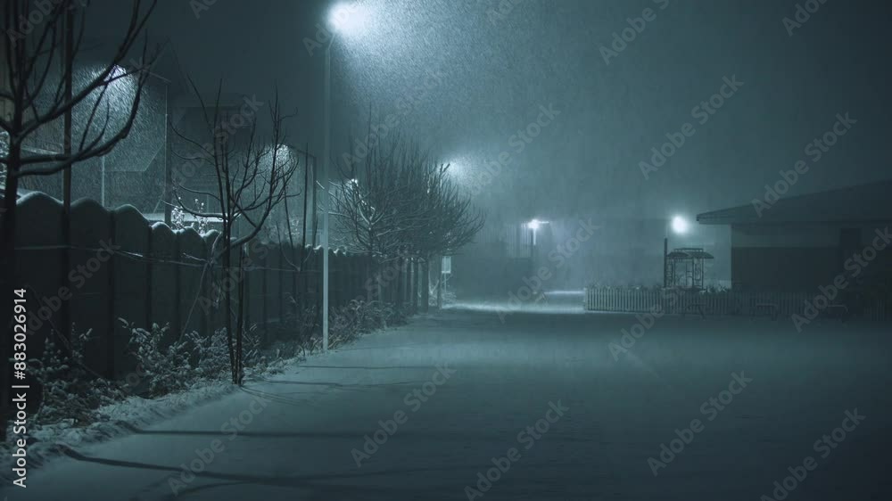 Night street in cold winter snowstorm