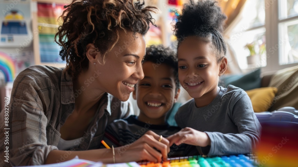 A woman is sitting on the floor with two children