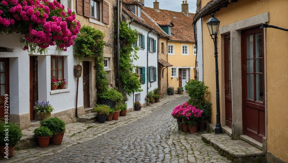 A charming cobble stone street winding A charming cobble stone street winding