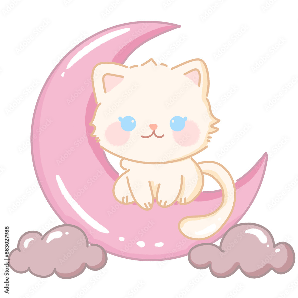 Hand drawn illustration kawaii cute pastel white cat kitten sitting on a pink moon Hand drawn illustration kawaii cute pastel white cat kitten sitting on a pink moon
