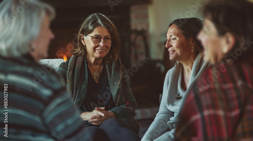 A photo of a women's circle, where women of different ages and cultures gather together, sitting in a circle on the floor, sharing stories and supporting each other, creating an atmosphere of unity.