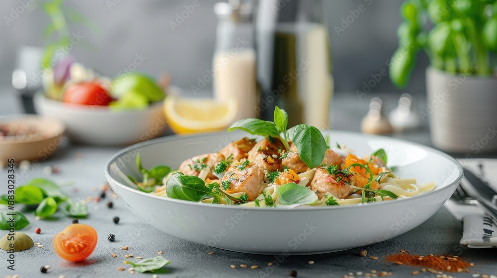 A white bowl of pasta with meat and vegetables on a table A white bowl of pasta with meat and vegetables on a table