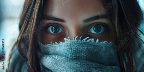A close-up shot of a person wrapping their face with a scarf, possibly for warmth or to conceal identity