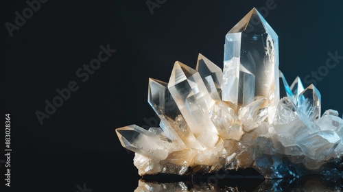 Quartz crystal formation with reflection on black support and background Mineral quartz made of silica SiO2