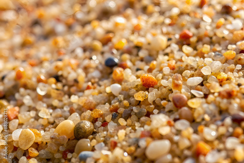 A beach scene with sand and rocks. The sand is a mix of different colors and sizes, and the rocks are scattered throughout the scene