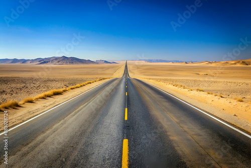 A long road stretches across a desert landscape. The road is empty and the sky is clear