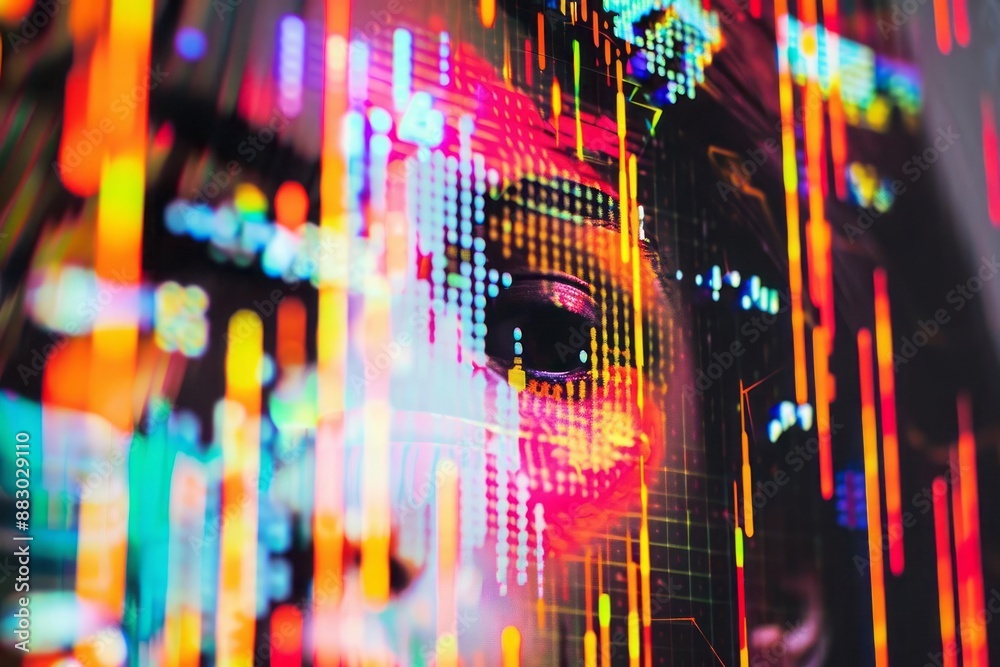 Digital screen showing a vibrant glitch effect with pixelated ...
