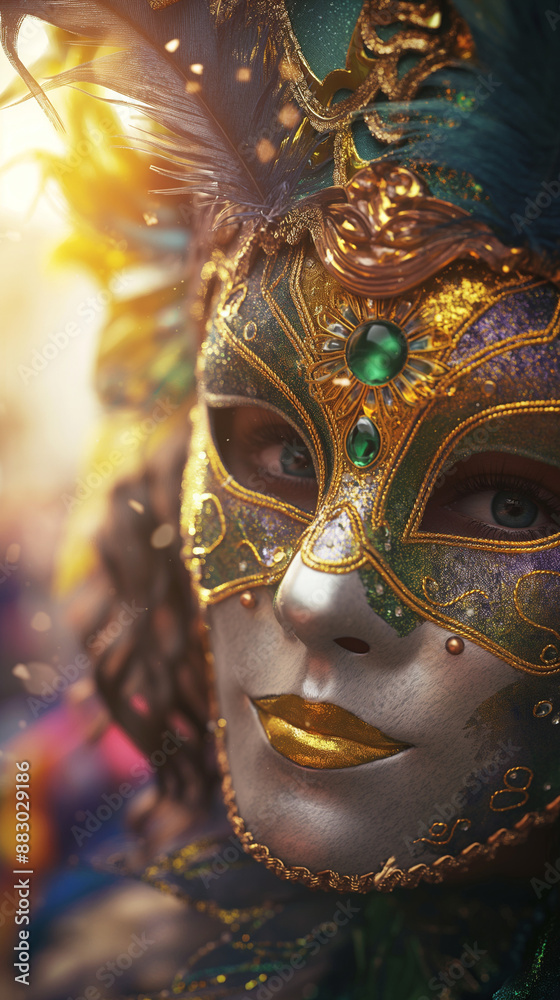 Person wearing a Mardi Gras mask with elaborate design Person wearing a Mardi Gras mask with elaborate design
