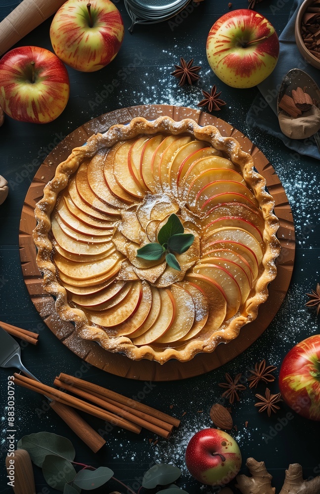Delicious apple pie topped with cinnamon and sugar against a dark backdrop Delicious apple pie topped with cinnamon and sugar against a dark backdrop