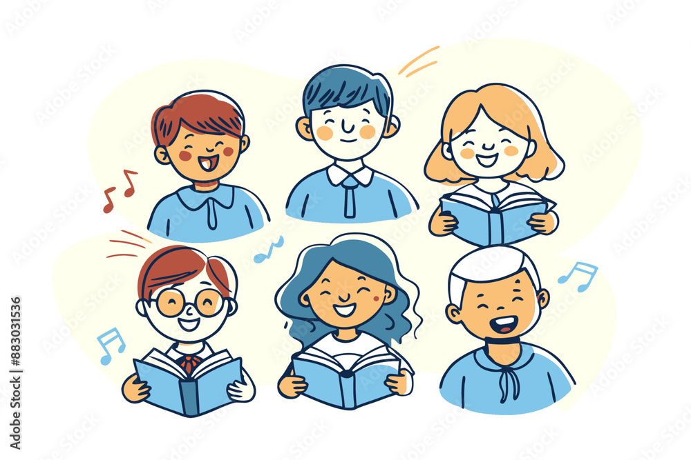 children singing with books, cartoon style, light background, illustration, international literacy day, teacher's day children singing with books, cartoon style, light background, illustration, international literacy day, teacher's day