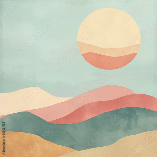 a serene landscape with gentle pastel-colored hills and a large sun in the sky