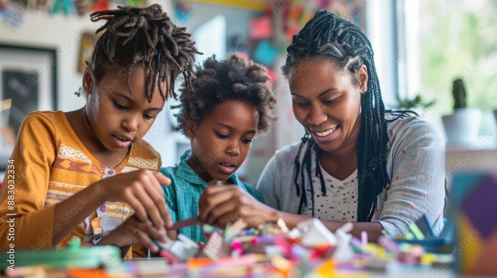 A woman is sitting with two children, one of whom is playing with a toy A woman is sitting with two children, one of whom is playing with a toy