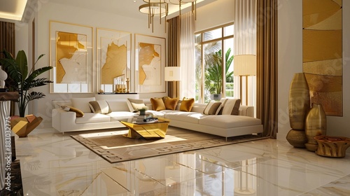 A modern living room with gold accents in the decor, such as gold vases and picture frames, adding a touch of sophistication and opulence