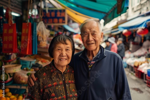 A retired couple, dressed in casual clothing, stand together amidst the vibrant colors and bustling energy of an Asian street market