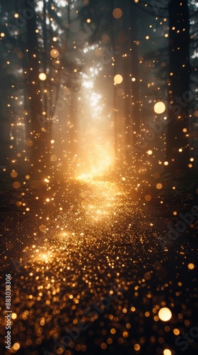 A magical forest pathway illuminated by glowing golden particles