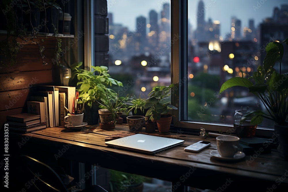 Office workplace with laptop and coffee cup on wooden table in front of window. Office workplace with laptop and coffee cup on wooden table in front of window.