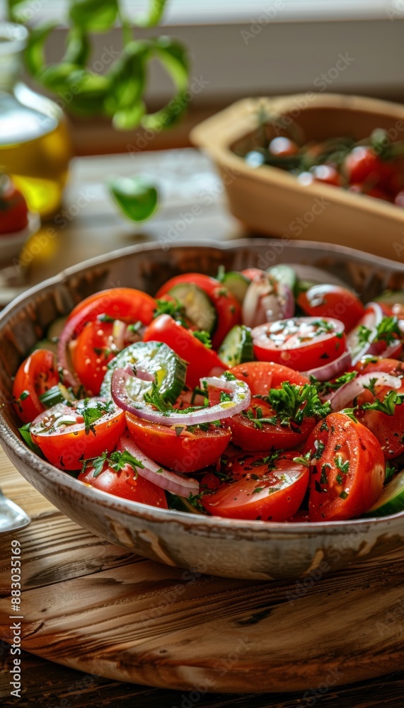 Fresh Tomato Salad with Cucumbers and Onions in a Ceramic Bowl - Perfect for Summer Dining and Healthy Recipes Fresh Tomato Salad with Cucumbers and Onions in a Ceramic Bowl - Perfect for Summer Dining and Healthy Recipes
