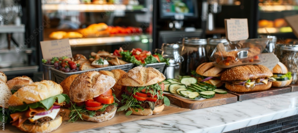 Obraz premium Fresh Gourmet Sandwiches with Heirloom Tomatoes and Greens on Artisan Bread at a Vibrant Deli Counter