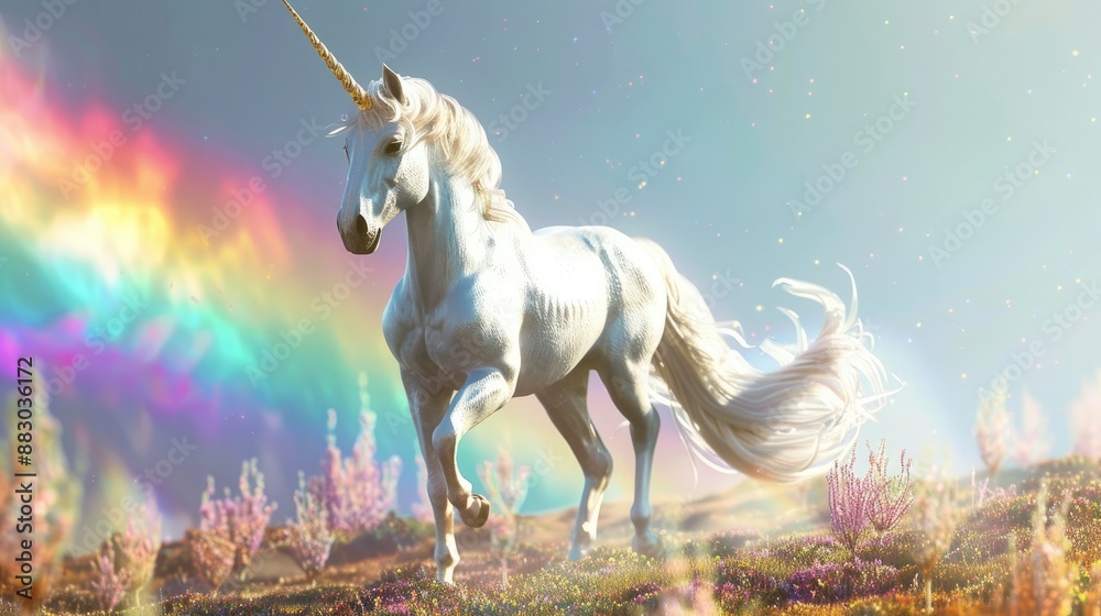 Mythical unicorn depicted with vibrant rainbow in wide panoramic view Mythical unicorn depicted with vibrant rainbow in wide panoramic view
