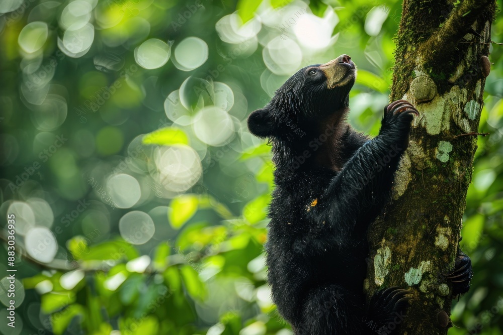 Black Bear Cub Climbing a Tree in Lush Rainforest Black Bear Cub Climbing a Tree in Lush Rainforest