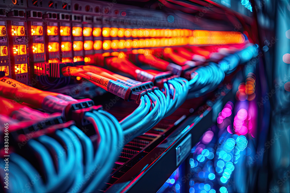 Close-up of network (computer) wires in bright multi-colored and neon colors connected to a server, base. Close-up of network (computer) wires in bright multi-colored and neon colors connected to a server, base.
