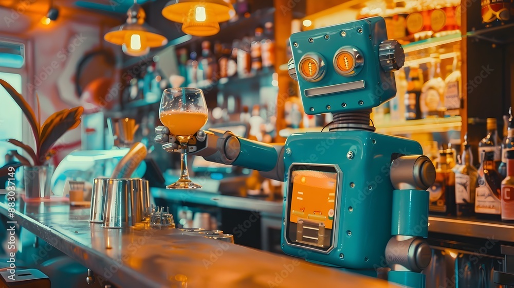Retro Robot Bartender Serving Drinks in Futuristic 1960s Space Themed Bar Retro Robot Bartender Serving Drinks in Futuristic 1960s Space Themed Bar