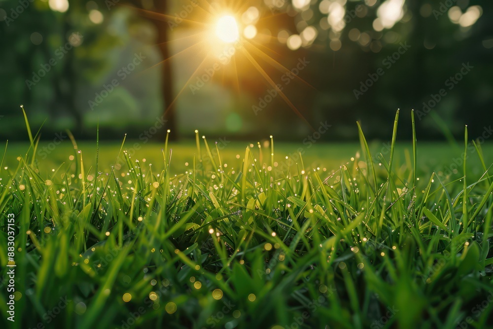 Naklejka premium Peaceful Morning Dew on Grass, A Gentle Start to a Calm Day, Sun Rays Shining Through Trees, Nature Beauty, Tranquil Scene, Serene Landscape, Early Morning Light, Dew Drops, Grass Blades, Green