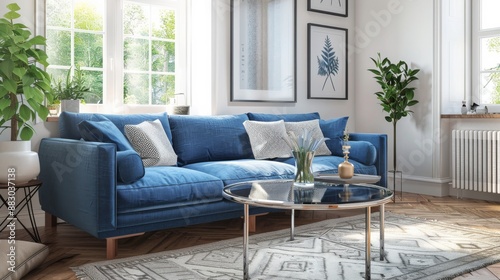 Bright home living room interior with blue sofa, glass coffee table with decoration, carpet on hardwood floor. Relax space with scandinavian design. 3D rendering  © Ebru