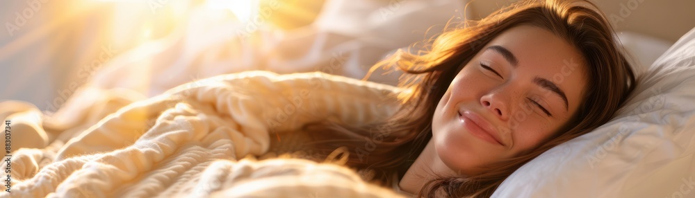 Peaceful Morning Start Woman Sleeping in Bed with Sunlight Streaming In, Relaxing Bedroom Atmosphere Peaceful Morning Start Woman Sleeping in Bed with Sunlight Streaming In, Relaxing Bedroom Atmosphere