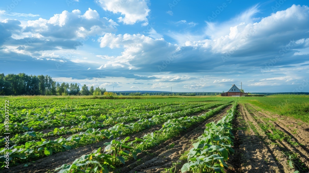 Picturesque Countryside Farm with Lush Cucumber Field and Partly Cloudy Sky - Ideal for Print or Poster Design Picturesque Countryside Farm with Lush Cucumber Field and Partly Cloudy Sky - Ideal for Print or Poster Design