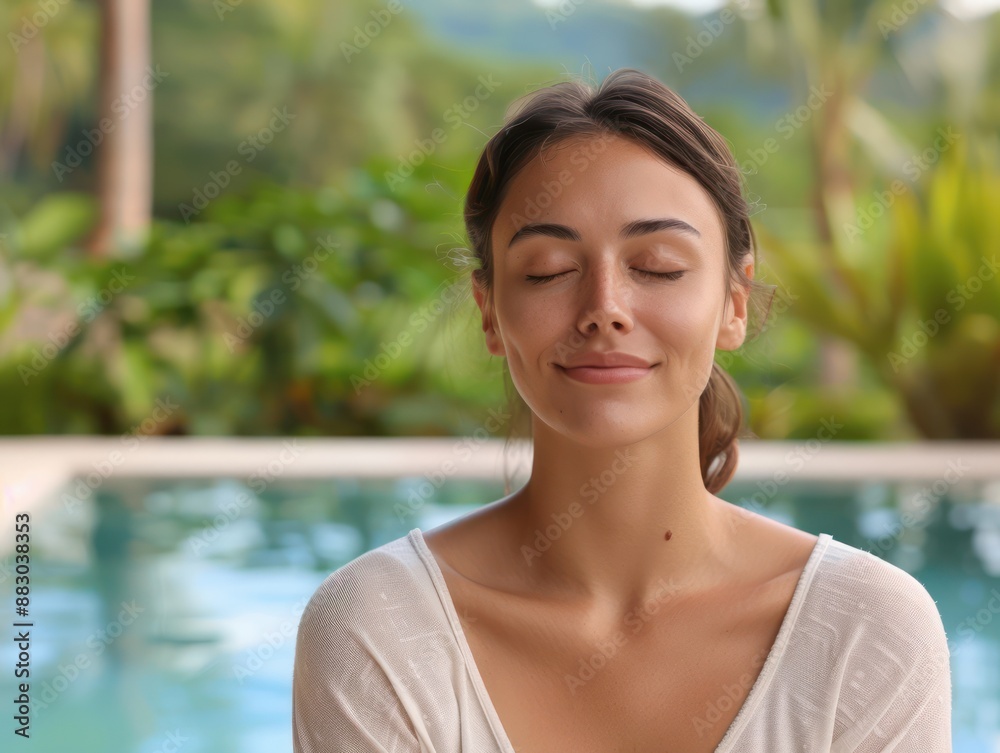 Woman Finds Serenity by the Pool, Embracing Tranquility in a Lush Tropical Paradise, A Moment of Peace and Relaxation in Nature's Embrace Woman Finds Serenity by the Pool, Embracing Tranquility in a Lush Tropical Paradise, A Moment of Peace and Relaxation in Nature's Embrace