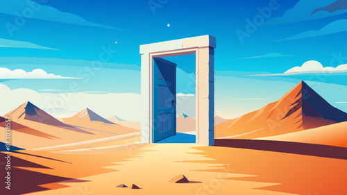view from the window door to the sea Opened door on desert. Unknown and start up concept. This is a 3d illustration