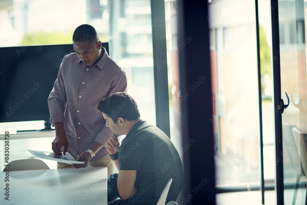 Business, team and men in office with report, document and planning at table. Discussion, information and male leader with intern thinking for training, learning and paperwork in meeting at workplace