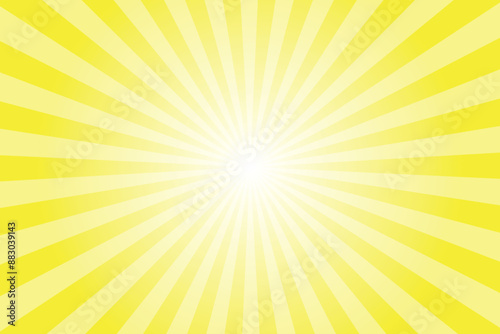 Yellow background with white sun ray. Pattern of starburst. Abstract bee yellow texture with light of sunburst. Radial beam of sunlight. Retro background with flash. Design of sunbeams.