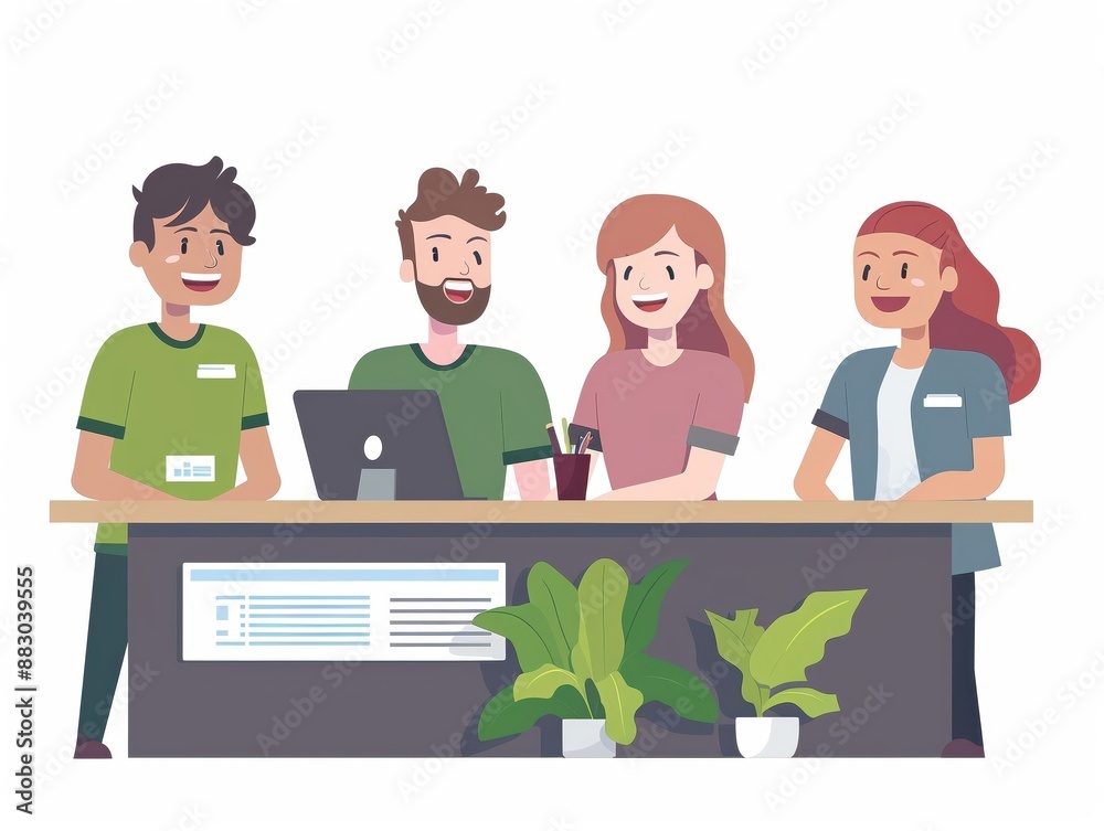 Front desk team meeting, staff briefing, flat design illustration