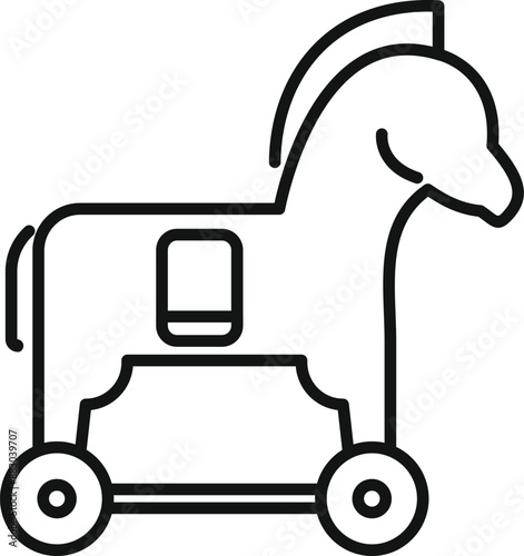 Line icon of a trojan horse standing on wheels, representing deception and strategy
