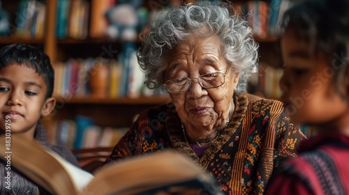 An elderly woman is reading a book with two children