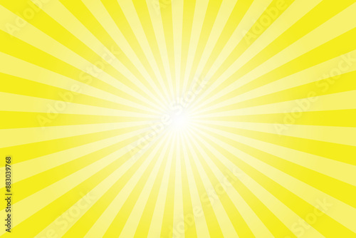 Yellow background with white sun ray. Pattern of starburst. Abstract bright yellow texture with light of sunburst. Radial beam of sunlight. Retro background with flash. Design of sunbeams.