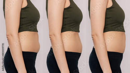 Three shots of a young woman in profile with different types of abdomen: stressful, postural and swollen bellies on a gray background. Overeating, overweight, excess weight, hormonal belly, rolls photo